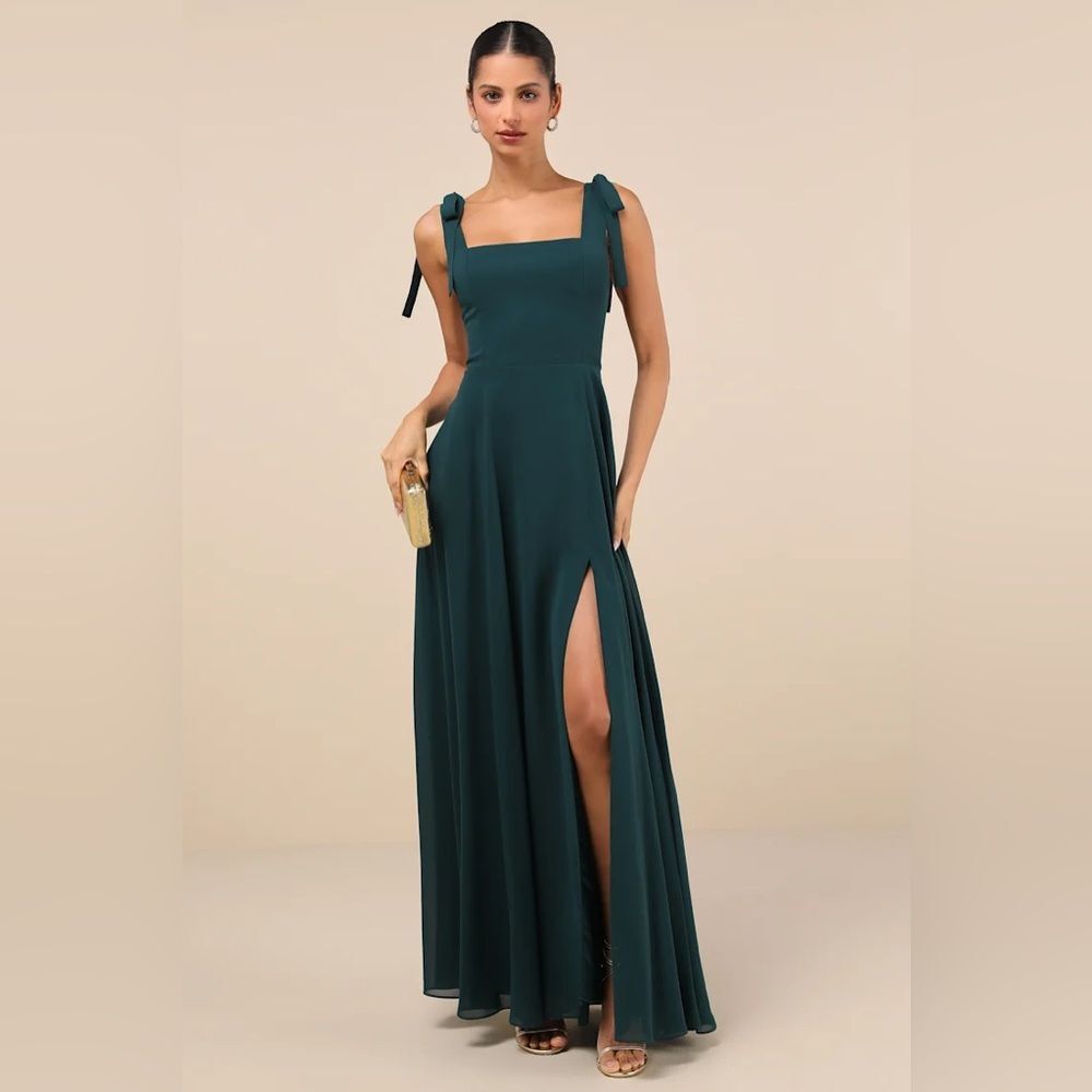 Lulus Love Me Forever Emerald Green Tie-Strap Square Neck Maxi Dress